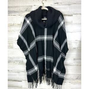 Fraas Womens One Size Black White Plaid Turtleneck Fringe Poncho Sweater NEW